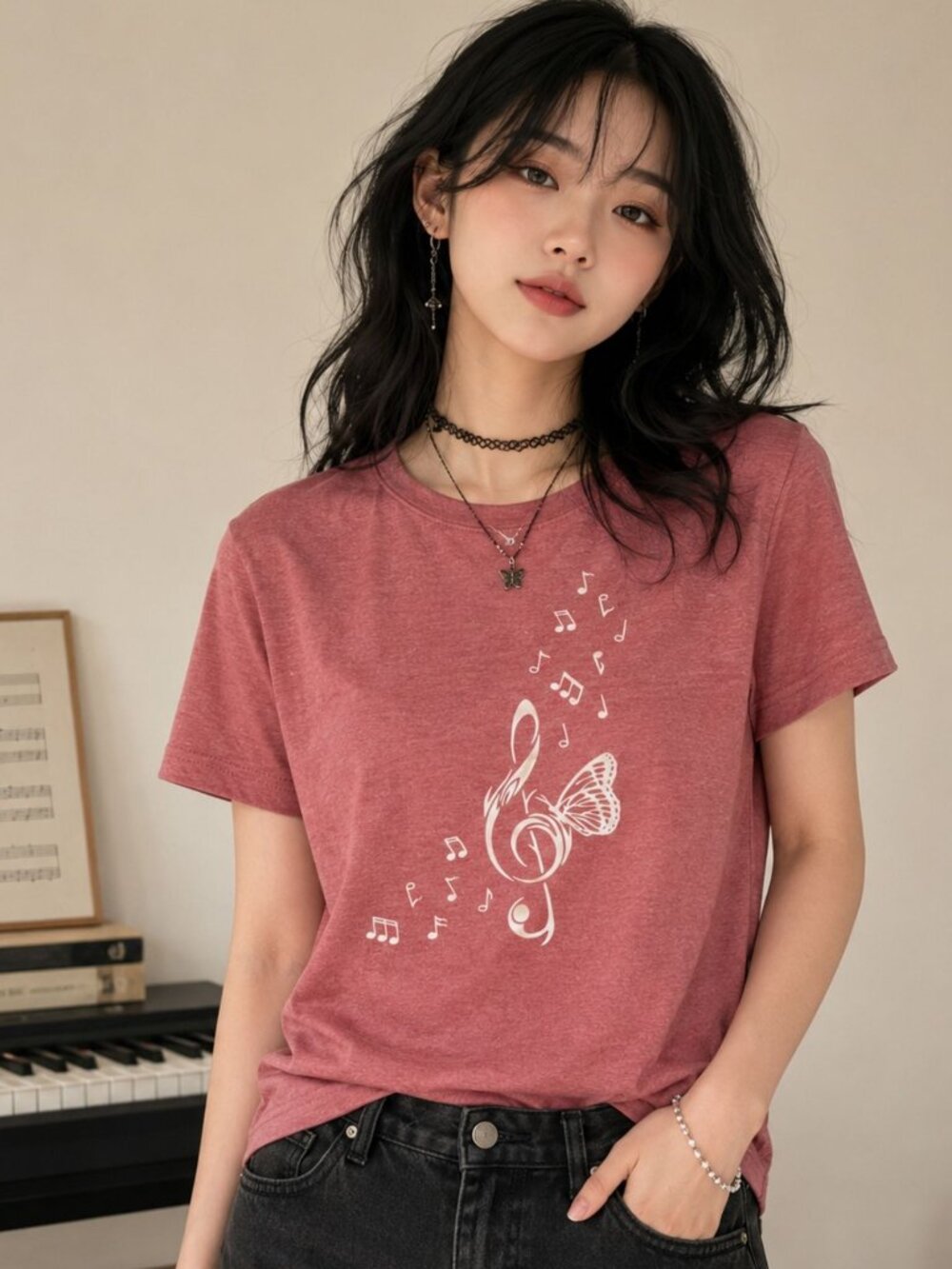 Butterfly Music Tee Womens L Rose Treble Clef Music Lover Shirt Casual Top